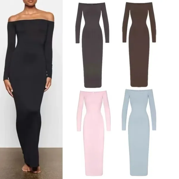 Off-White Off-Shoulder Long Sleeve Midi Dress Pink - 2