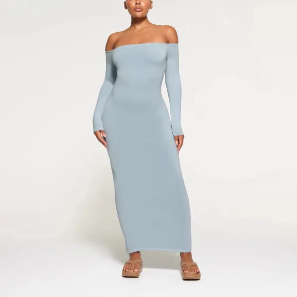 Off-White Off-Shoulder Long Sleeve Midi Dress Pink - 10