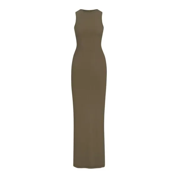 Olive Ribbed Sleeveless Maxi Dress - 6
