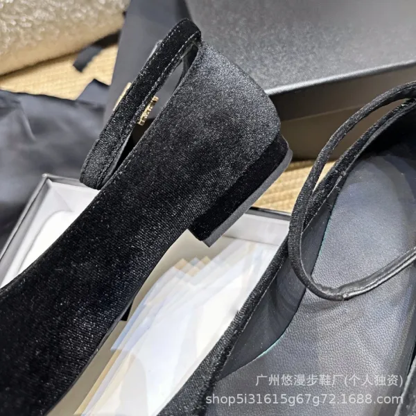 Chanel-inspired Velvet Mary Janes with Crystal CC Buckle Black Shoes - 4