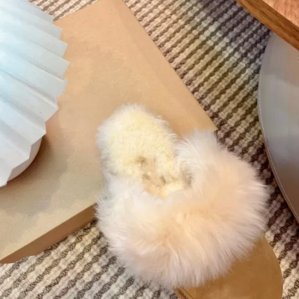 UGG Fluff Platform Slippers Beige Faux Fur Slippers - 28