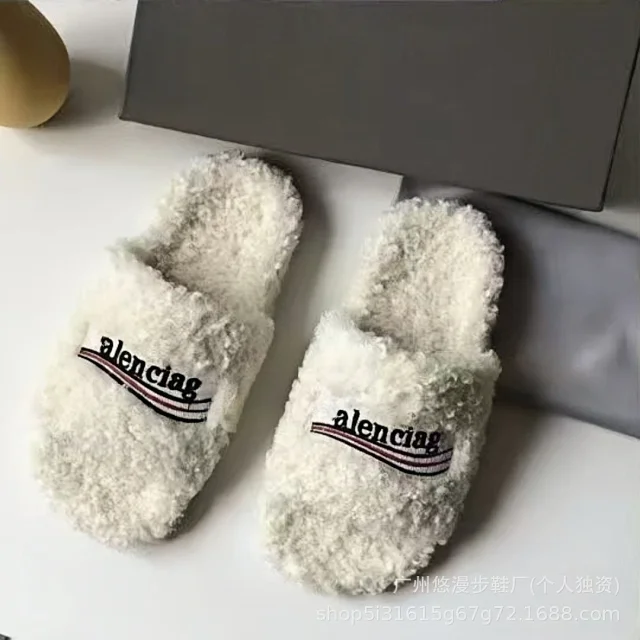Unbranded Slippers Faux-fur open-toe slide with embroidered lettering product detail image 3