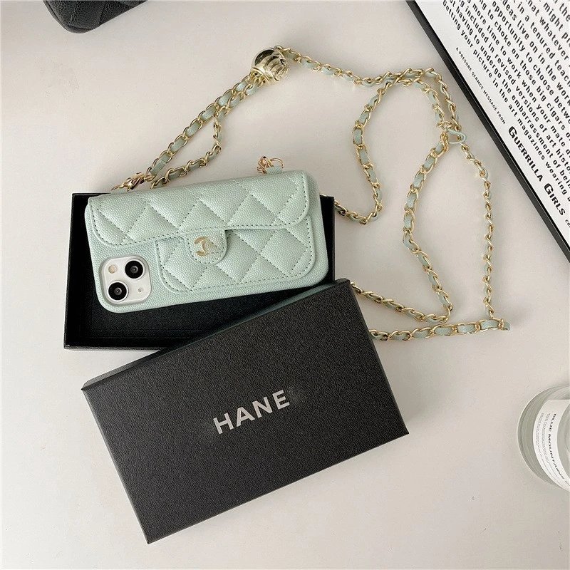 Chanel Phone Case with Chain Strap Mint Green Quilted Leather Phone-Case