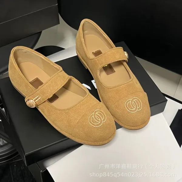 Chanel Mary Jane Flats Beige Suede with CC Logo Shoes - 19