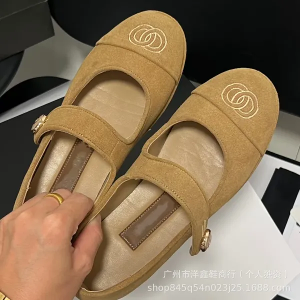 Chanel Mary Jane Flats Beige Suede with CC Logo Shoes - 22
