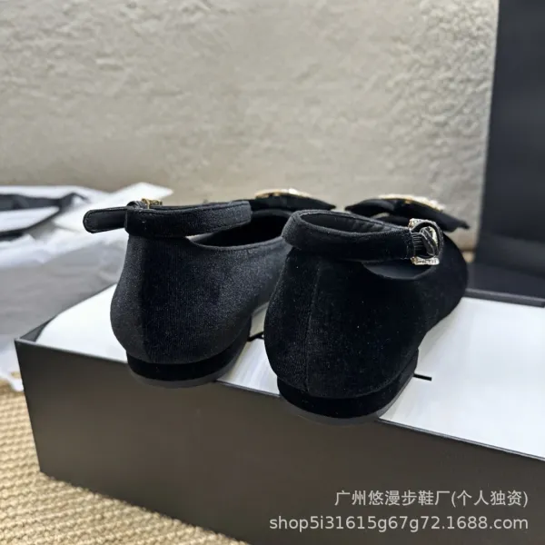 Chanel-inspired Velvet Mary Janes with Crystal CC Buckle Black Shoes - 3