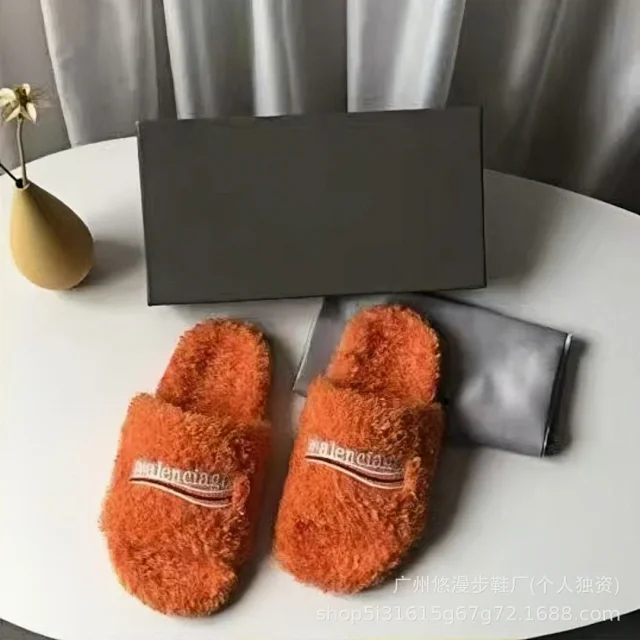 Unbranded Slippers Faux-fur open-toe slide with embroidered lettering product detail image 5
