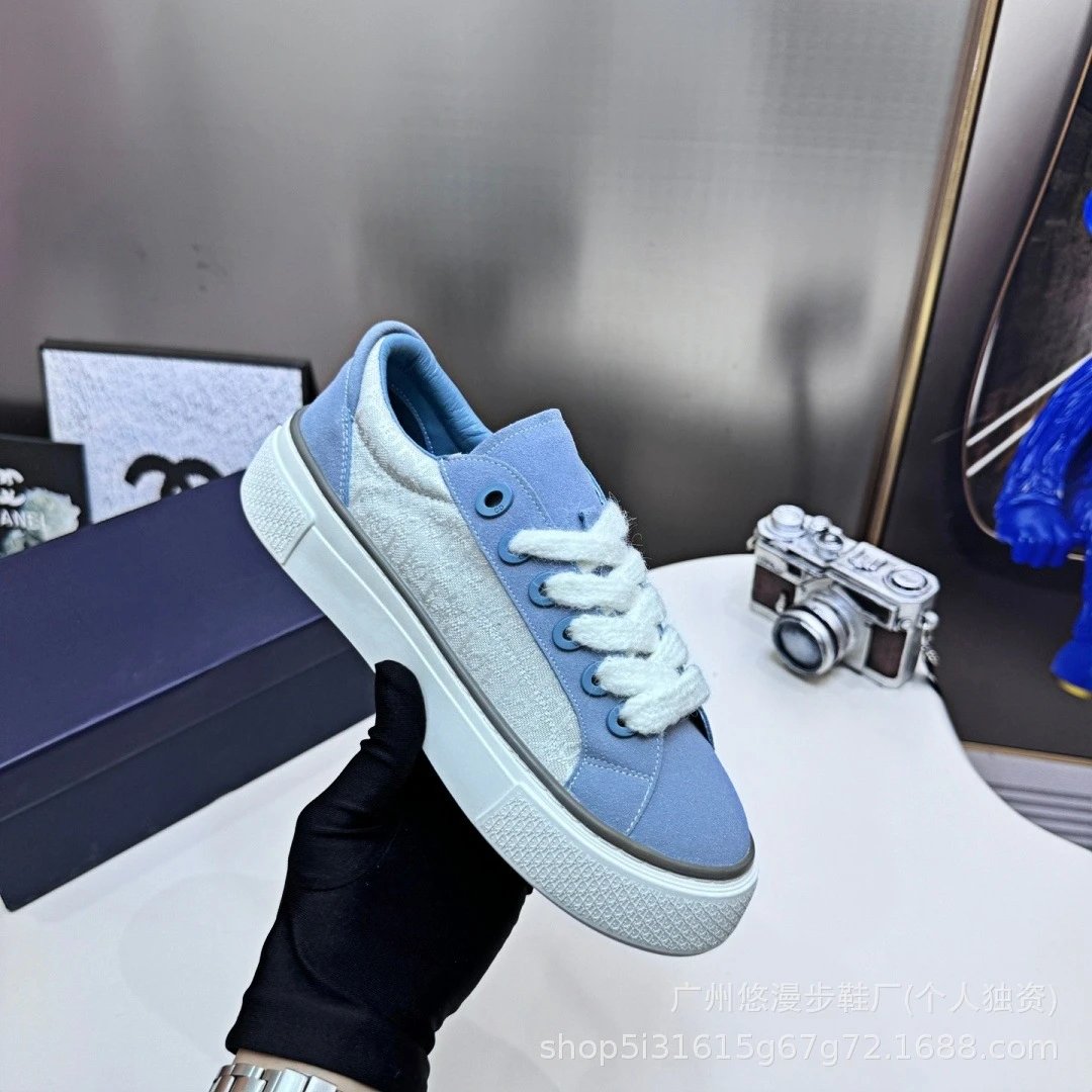 Chanel-Style Chunky Platform Sneakers in Light Blue and Gray Canvas