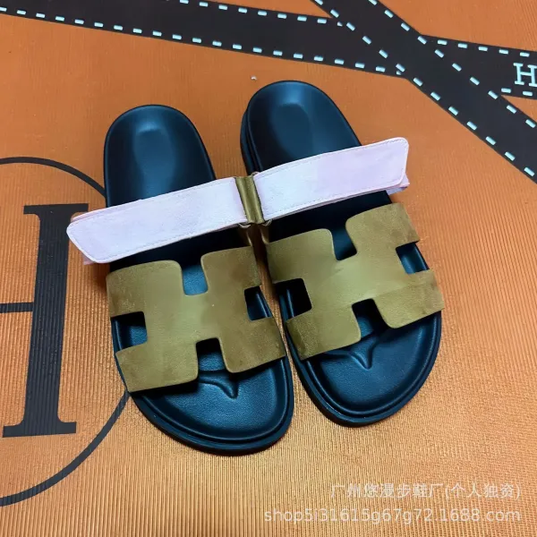 Hermès Oran Slide Sandals Pink and Army Green Suede Slippers - 9