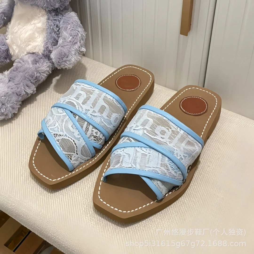 Design Lace-Overlay Slide Sandals in Sky Blue and Beige