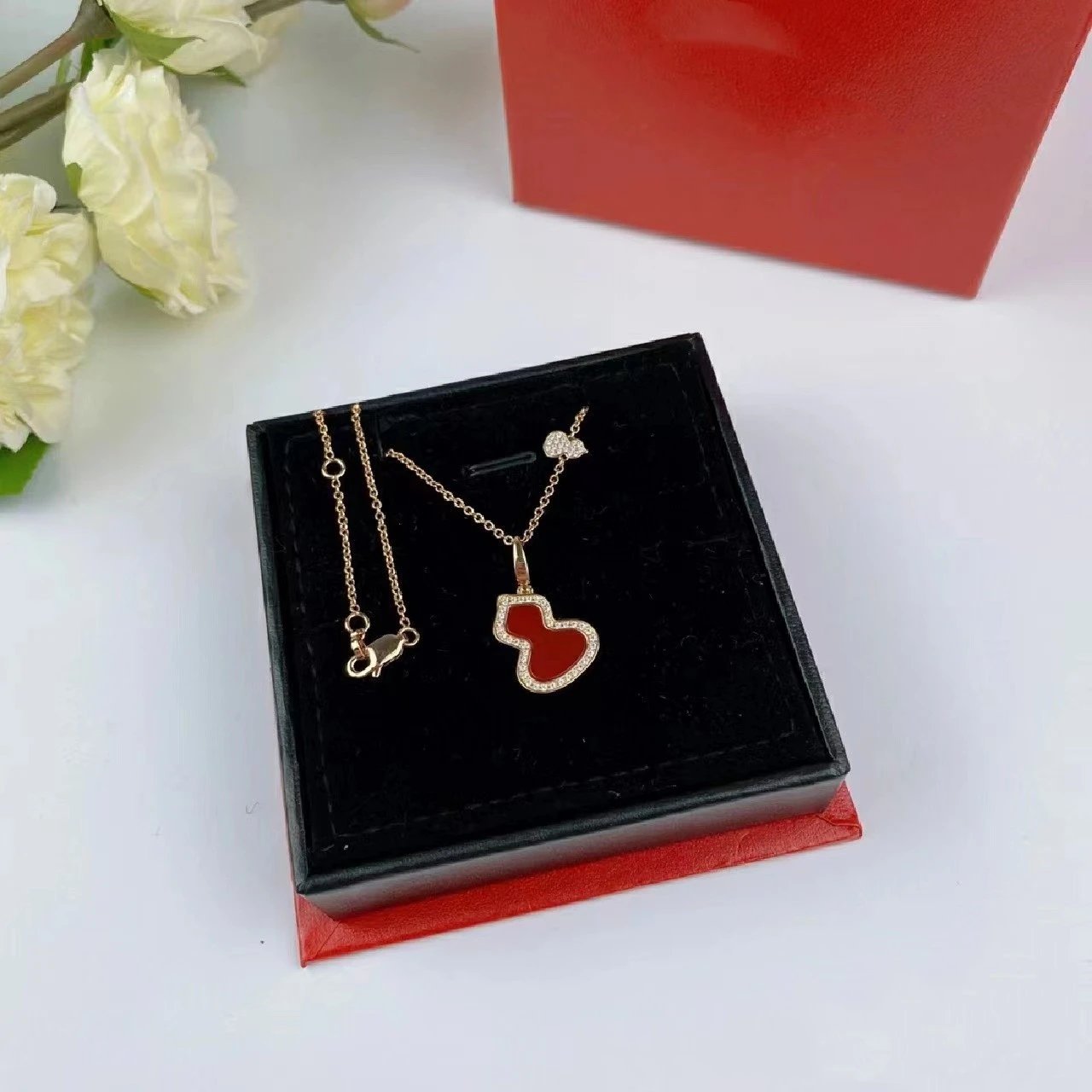 Red Enamel Heart Pendant Necklace with Diamond-Accent Border