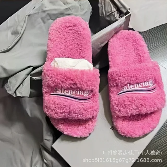 Unbranded Slippers Faux-fur open-toe slide with embroidered lettering product detail image 4