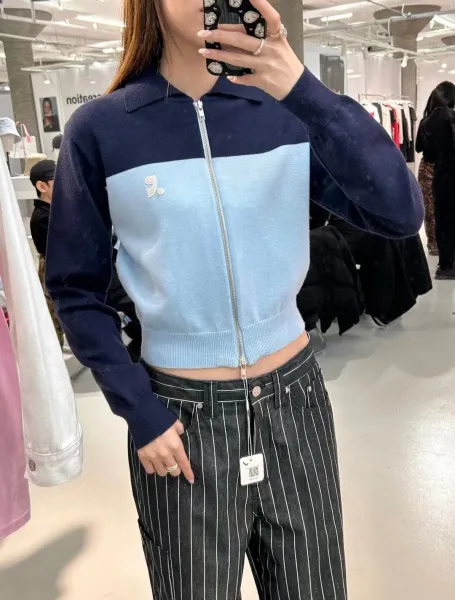 Rest & Recreation Color-Block Knit Zip-Up Jacket Navy and Light Blue - 18