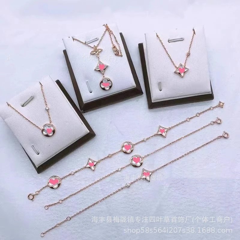 Four-Leaf Clover Enamel Heart Bracelet Pink Gold Jewelry - 5