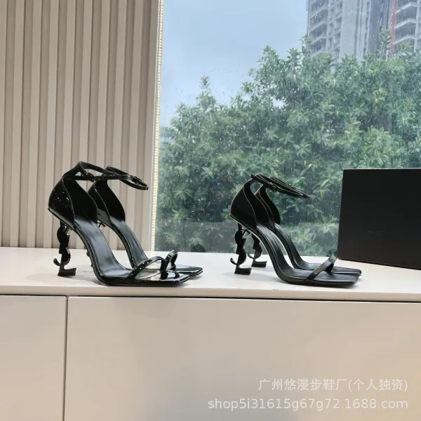 Saint Laurent Tribute Sandals Black Patent Leather Heels - 2