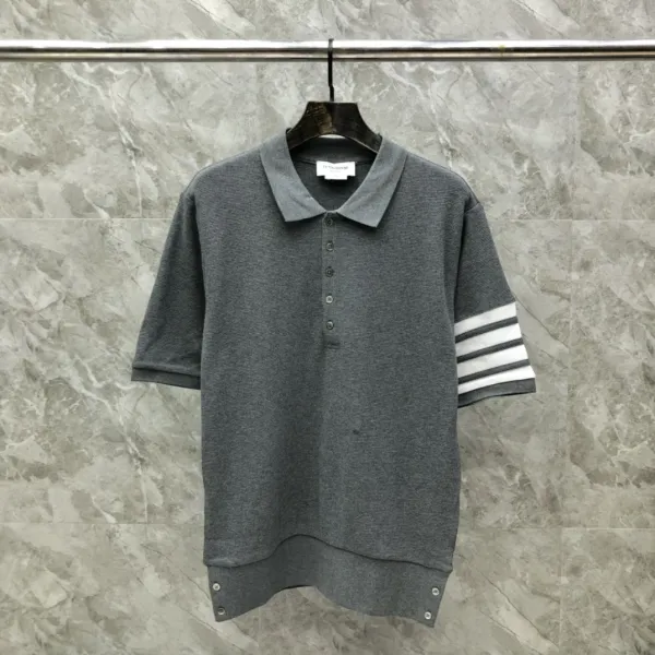 Thom Browne Classic Four-Bar Stripe Gray Knit Polo - 14