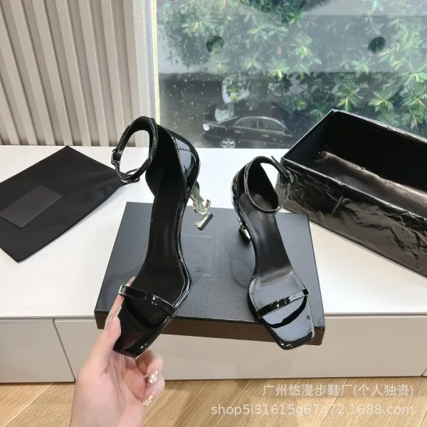 Saint Laurent Tribute Sandals Black Patent Leather Heels - 5