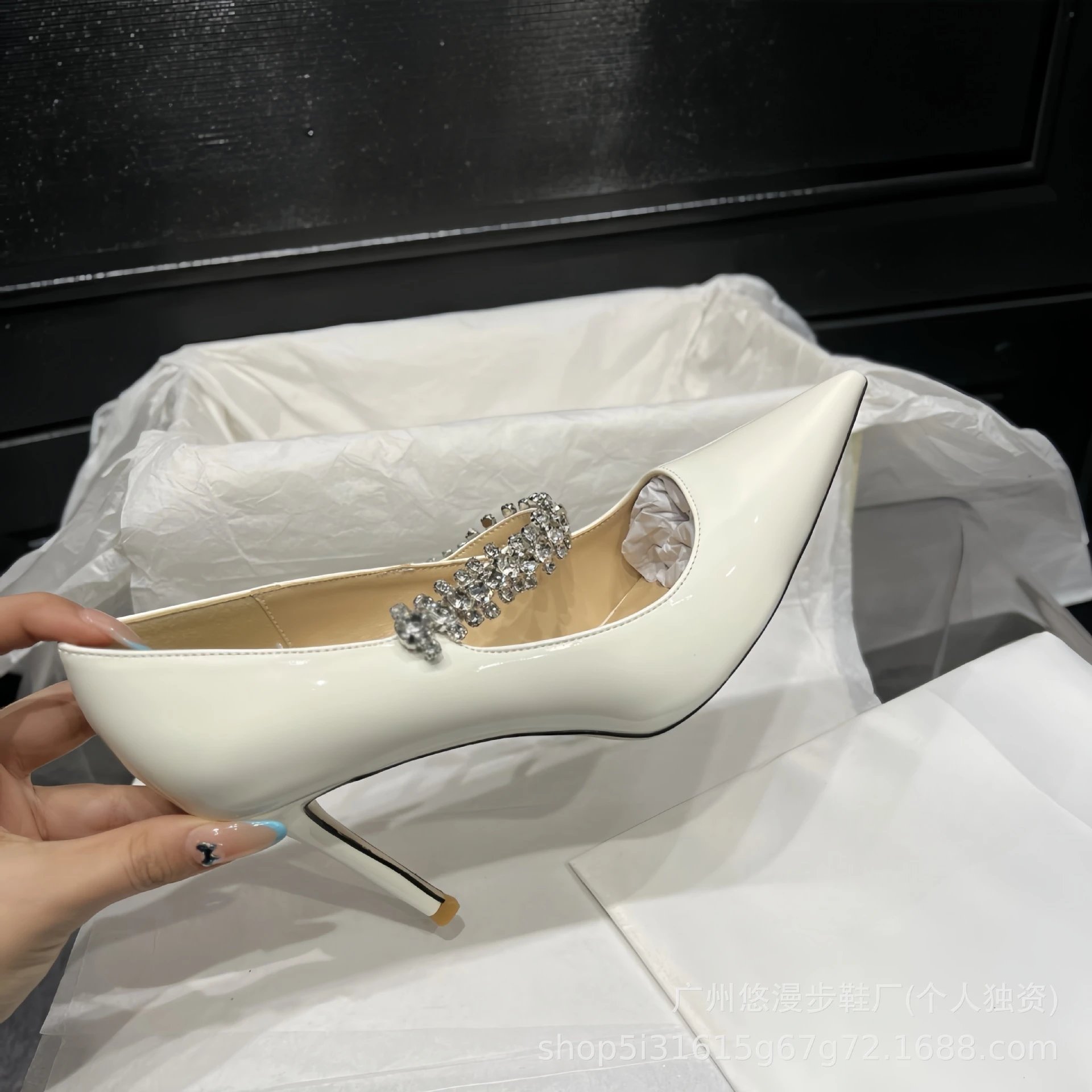Crystal-Embellished Patent Leather Pointed-Toe Stiletto Heels