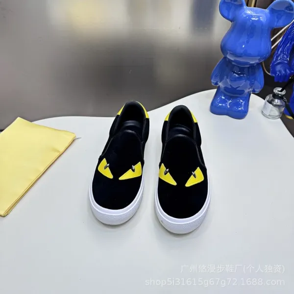 Fendi Monster Eye Slip-On Sneakers Black Yellow Canvas Shoes - 2