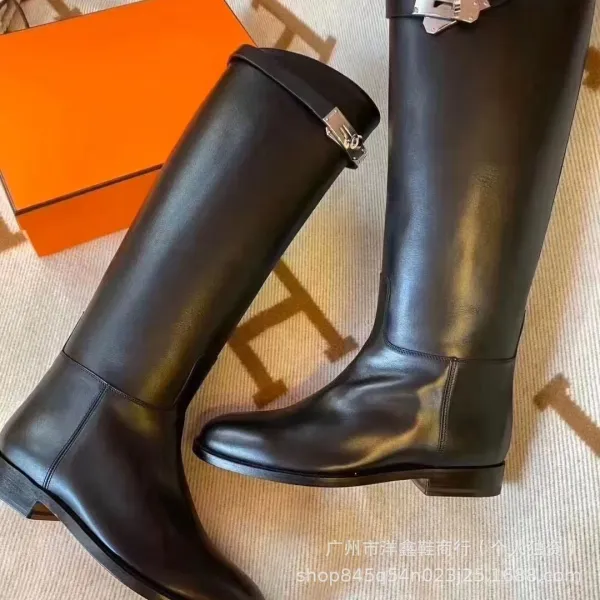 Hermès Chelsea Boots Black Leather Knee-High Boots - 8