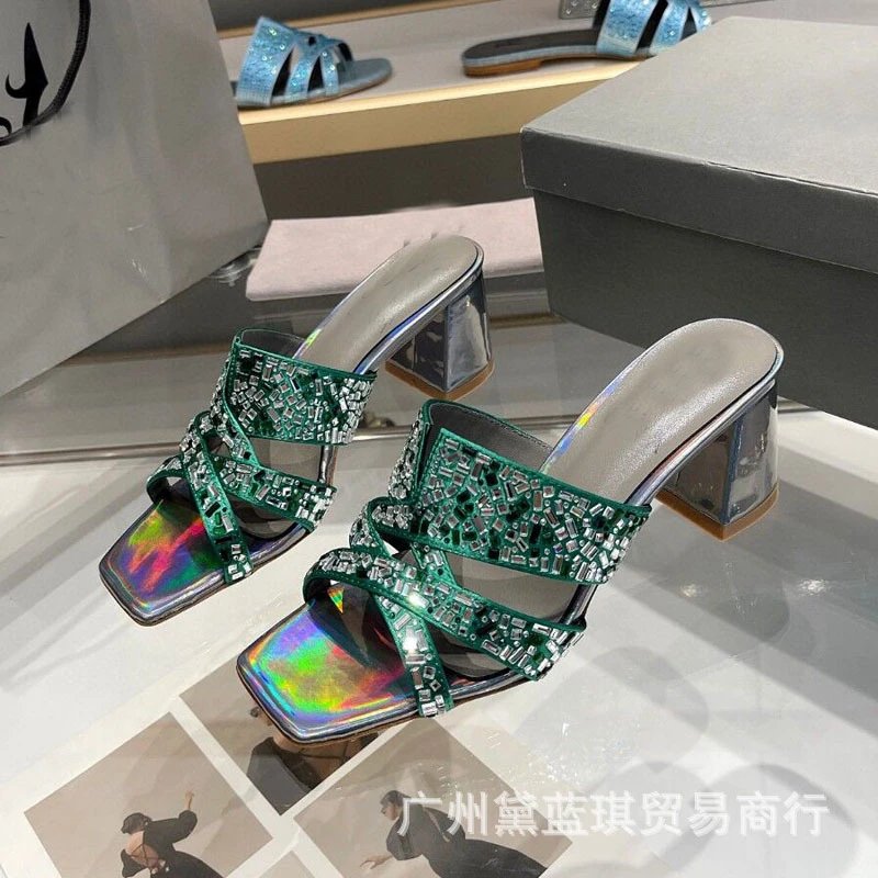 Emerald Crystal-Embellished Iridescent Block Heel Mules