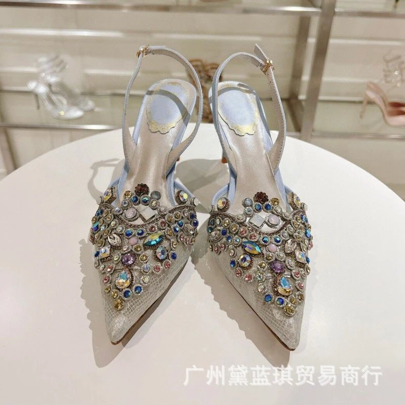 Crystal-Embellished Slingback Stiletto Heels in Silver Multicolor
