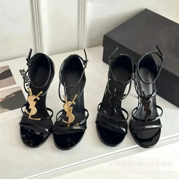 Saint Laurent Tribute Sandals Black Patent Leather Heels - 6