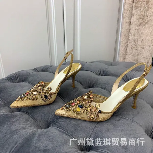 Design Embellished Red Lace Slingback Stilettos - 7