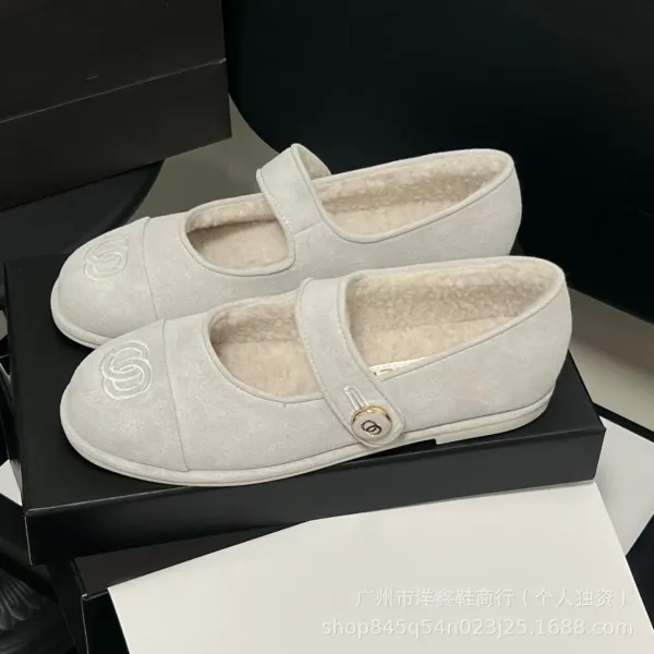 Chanel Mary Jane Flats Beige Suede with CC Logo Shoes - 26