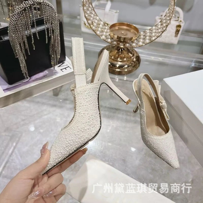 Design Crystal-Embellished Pointed-Toe Slingback Heels Silver Gray - 8