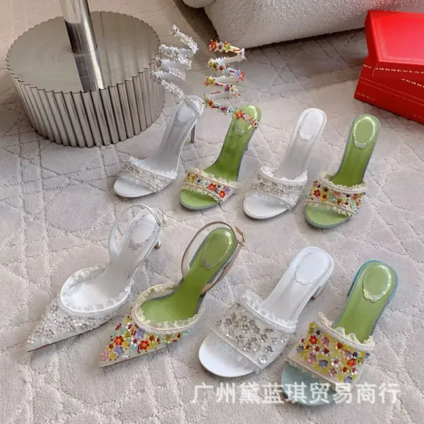 White Lace-Embellished Stiletto Mules Heels - 2
