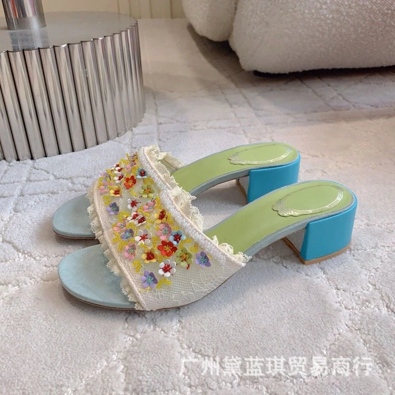 Multicolor Floral Embroidered Lace Mule Sandals with Block Heel