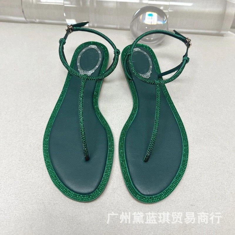 Emerald Green Crystal-Embellished T-Strap Flat Sandals