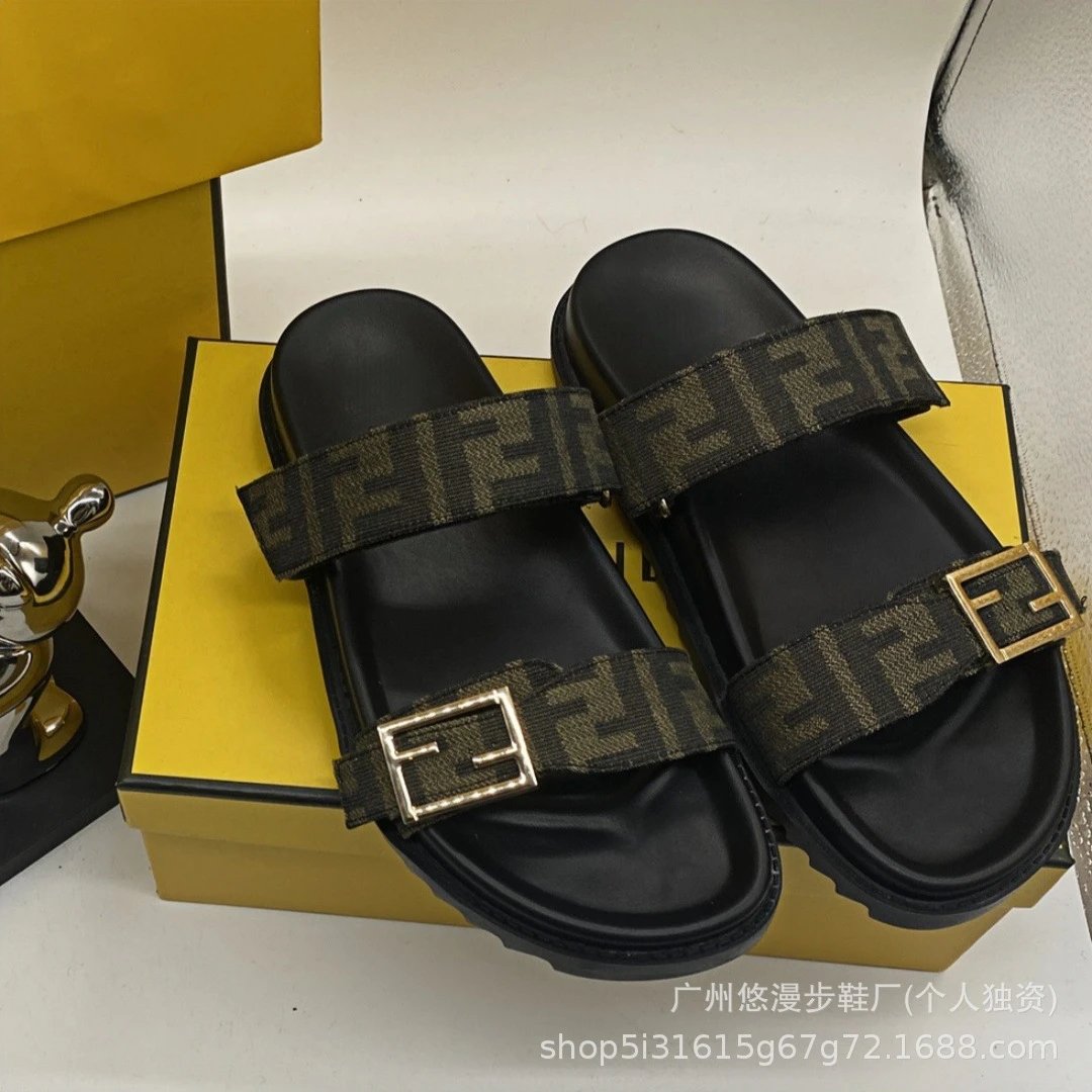Fendi FF Logo Double Strap Slide Sandals Army Green - 13