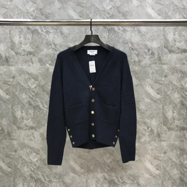 Thom Browne Navy Ribbed Cardigan with Gold Buttons and Signature Stripe - 4