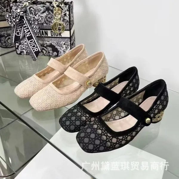 Dior J'Adior Mary Jane Lace Black Gold Block Heel Shoes - 2