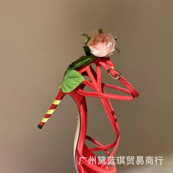 Christian Louboutin Flower-Embellished Strappy Red Stilettos - 7