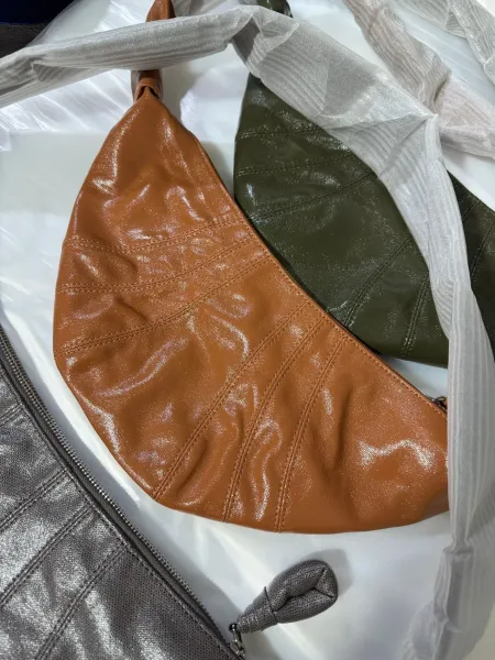 Design Crescent-Shaped Leather Hobo Bag in Cognac, Olive, and Silver - 17