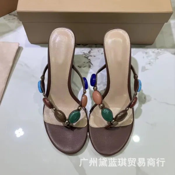 Multicolor Beaded Toe-Post Heeled Sandals - 8