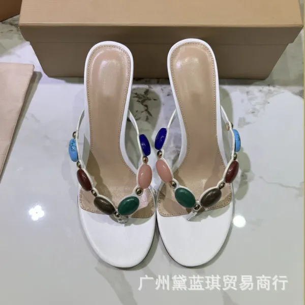 Multicolor Beaded Toe-Post Heeled Sandals - 3