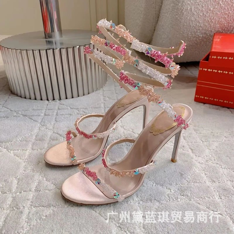 Crystal-Embellished Spiral Strap White Heels - 4