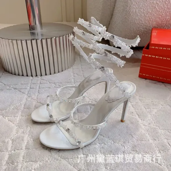 Crystal-Embellished Spiral Strap White Heels - 11