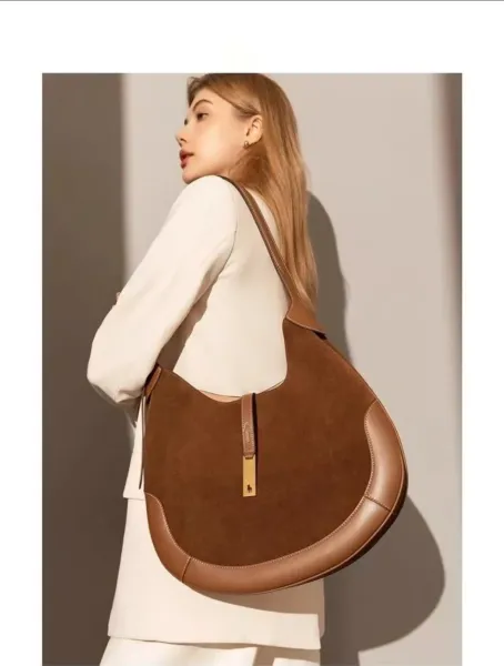 Ralph Lauren Hobo Bag Brown Suede with Gold Horse Logo Shoulder Bag - 7