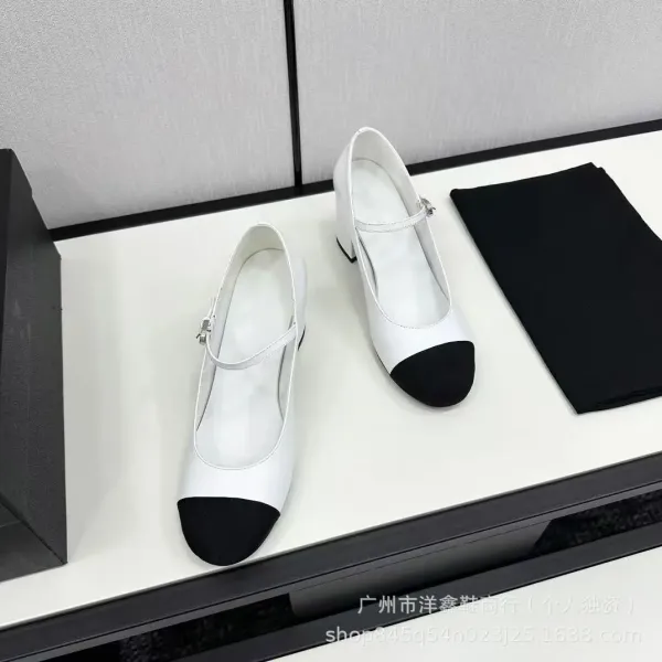 Chanel Mary Jane Block Heel White and Black Leather Shoes - 17