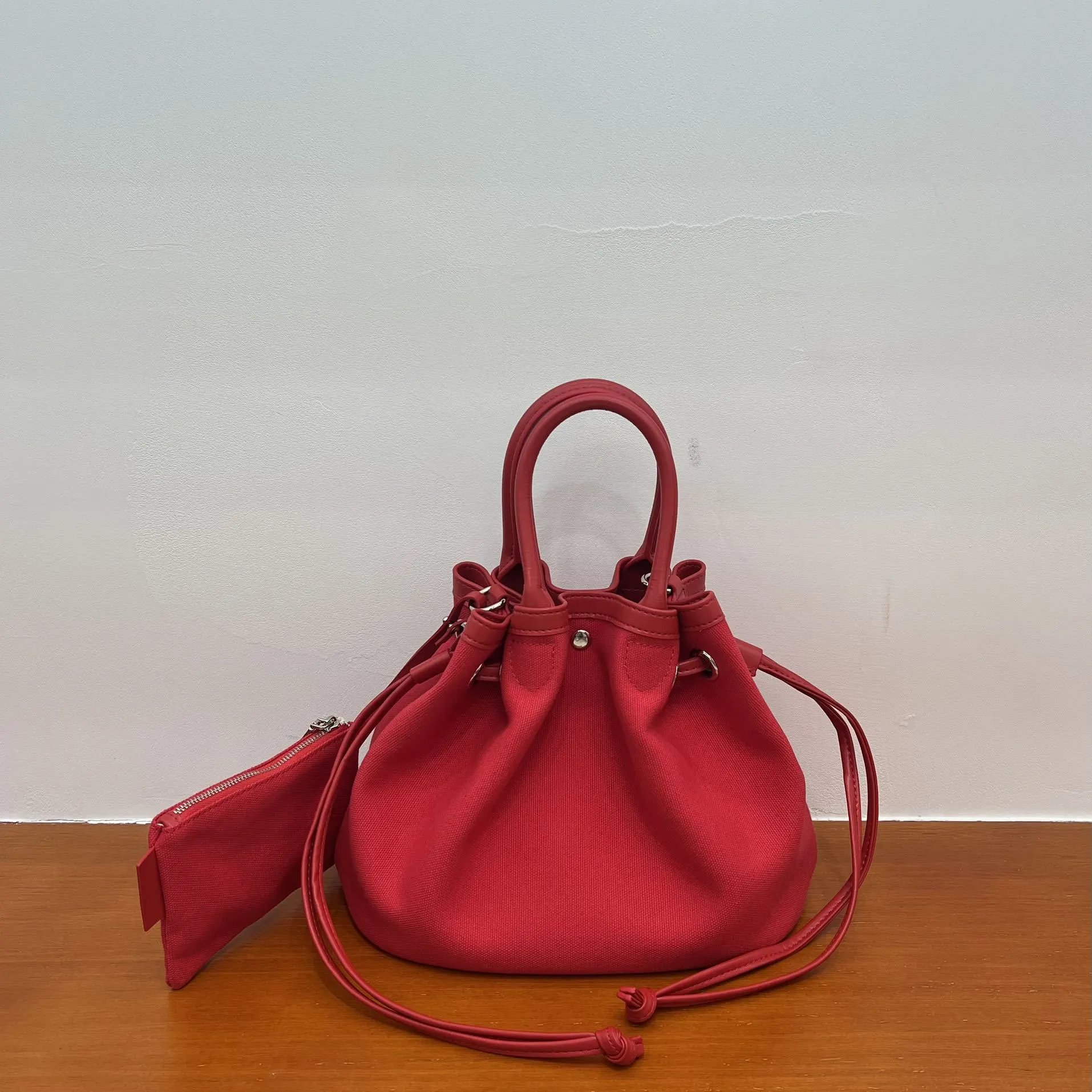 Design Canvas Bucket Bag in Red with Drawstring Closure and Detachable Pouch - 6
