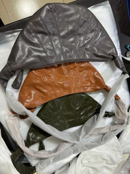 Design Crescent-Shaped Leather Hobo Bag in Cognac, Olive, and Silver - 18