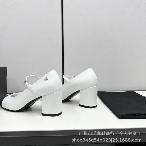 Chanel Mary Jane Block Heel White and Black Leather Shoes - 23