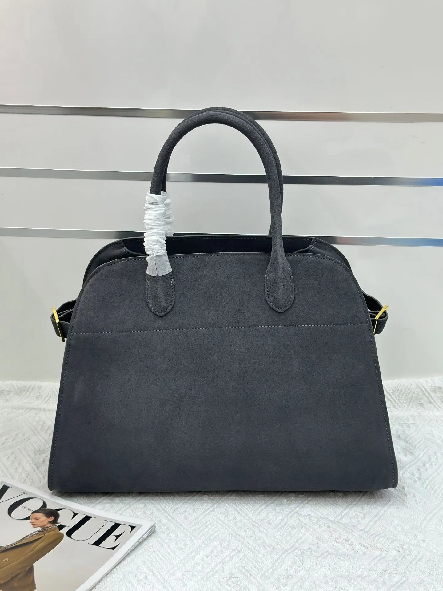 Design Suede Boston Bag Charcoal Gray Handbag