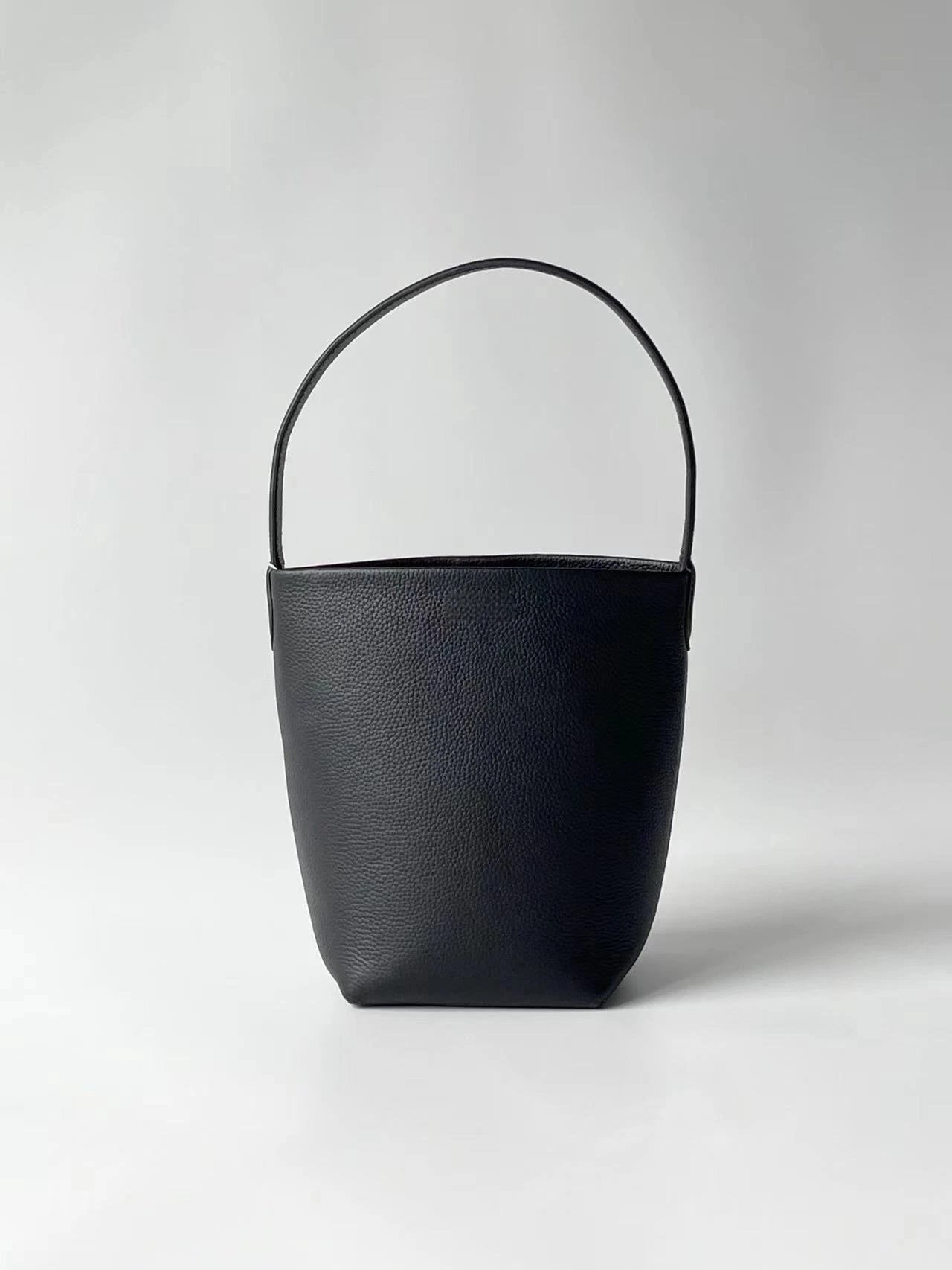 Minimalist Bucket Bag in Brown Pebbled Leather Handbag