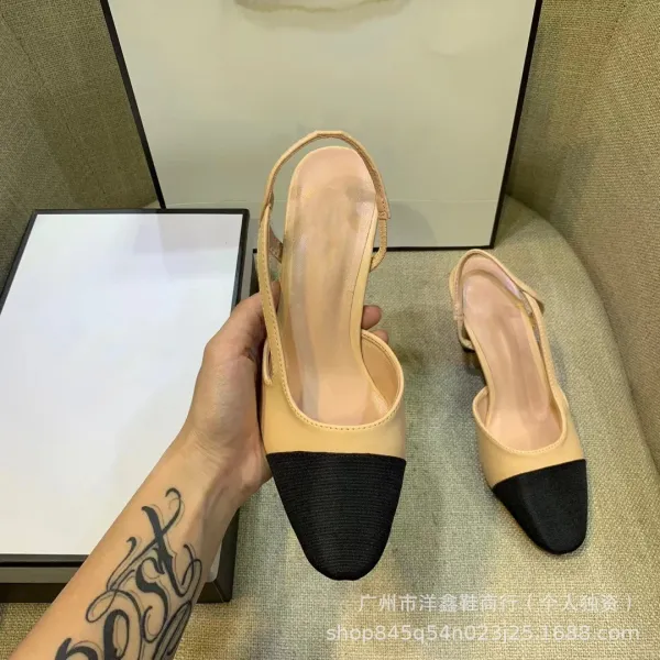 Chanel-inspired Two-Tone Block Heel Pumps Beige and Black Leather Shoes - 13